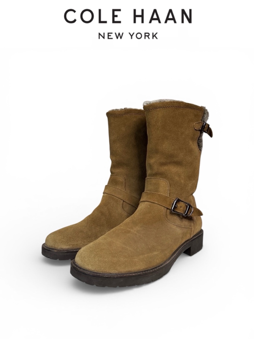 COLE HAAN COUNTRY TAN SUEDE SHEARLING LINED LUG SOLE WATER PROOF MOTO BOOTS